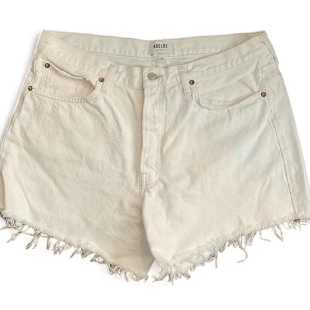 AGOLDE White Parker Long Contrast Stitch Button Fly Cut Off Denim Jean Shorts 31